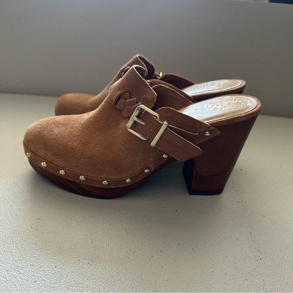 Vince Camuto Crashell  Wooden heel Buckle Clog Brown Suede Women's Clogs - Picture 2 of 9